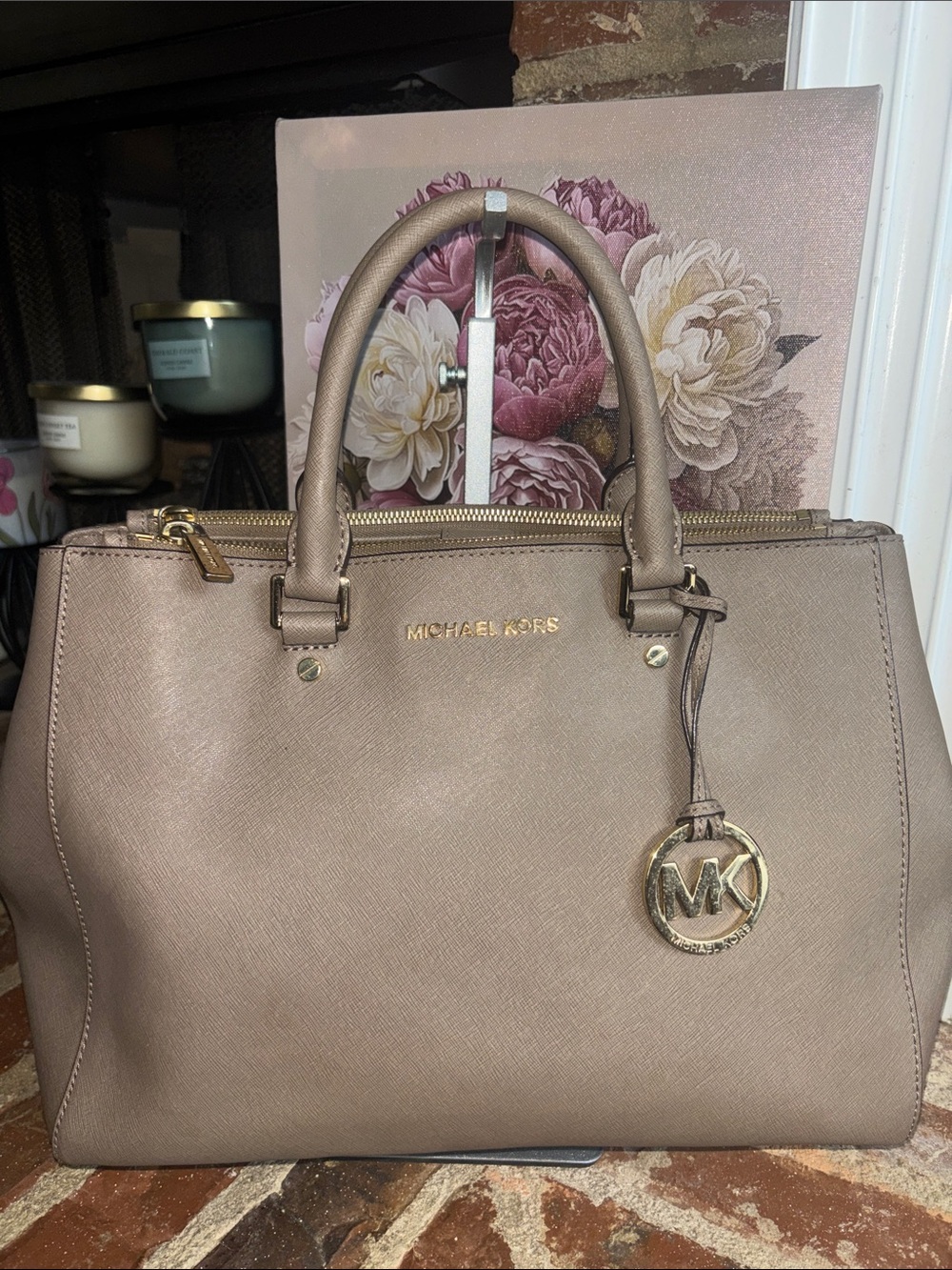 Michael Kors Brown Saffiano Leather Satchel with Gold Hardware